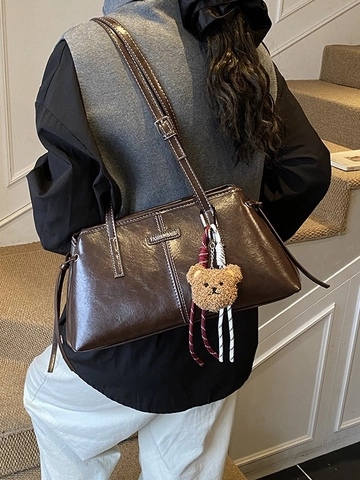 Borsa Tote da Donna in Pelle PU Vintage Grande Capacità Borsa a Tracolla Con Cuciture a Contrasto e Ciondolo Orsetto Peluche