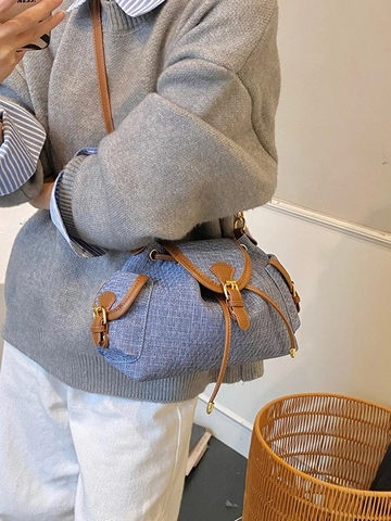 Vintage PU Leder Beuteltasche Für Damen Retro Kordelzug Umhängetasche Mit Kontrastfarbenem Besatz Mode Handtasche