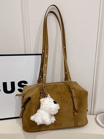 Damen Retro PU Leder Kissentasche Umhängetasche Große Kapazität Wildleder Textur Boston Tasche Mit Plüschhund Anhänger Lässige Pendler Tasche