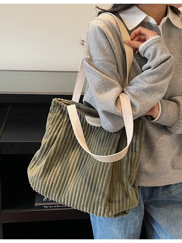 Bolso Tote de Pana de Gran Capacidad Para Mujer Casual Color Sólido Vintage Bolso de Hombro Simple de Viaje Bolso