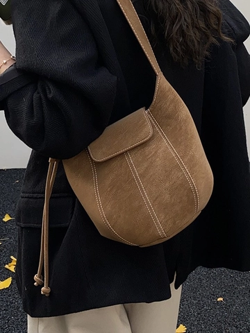 Vintage Matte PU Leder Eimertasche Für Damen Kontrastnähte Umhängetasche Retro Crossbody Handytasche Täglich Pendler Geldbörse