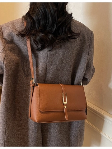 Vintage Litchi Grain PU Leather Shoulder Bag For Women Fashion Crossbody Bag With Gold Hardware Minimalist Underarm Bag