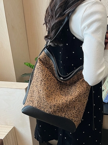 Women Vintage Leopard Print Bucket Bag Large Capacity Canvas Synthetic Leather Splicing Shoulder Bag Daily Messenger Handbag