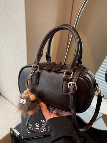 Borsa a Cuscino Boston da Donna in Pelle PU Retrò Borsa a Tracolla Piccola Casual con Ciondolo Mostro di Peluche