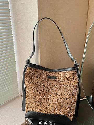 Women Vintage Leopard Print Bucket Bag Large Capacity Canvas Synthetic Leather Splicing Shoulder Bag Daily Messenger Handbag