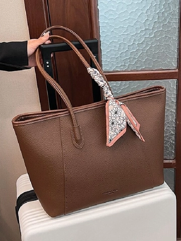 Bolso Tote de Mujer Gran Capacidad Cuero PU Grano de Lichi Minimalista Decoración de Bufanda Bolso de Hombro Casual de Viaje Color Sólido