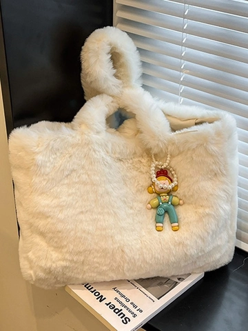 Borsa Tote in Ecopelliccia da Donna Morbida Borsa a Tracolla in Peluche Con Ciondolo a Forma di Ragazza Grande Capacità Invernale
