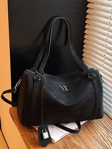 Vintage Large Capacity Boston Tote Bag Women Matte PU Leather Crossbody Shoulder Bag With Lock Pendant Commuting Handbag