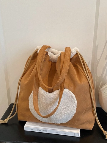 Large Capacity Vintage Suede Bucket Bag For Women Fashion Heart Shearling Patchwork Drawstring Tote Shoulder Bag