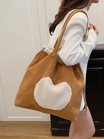 Large Capacity Vintage Suede Bucket Bag For Women Fashion Heart Shearling Patchwork Drawstring Tote Shoulder Bag