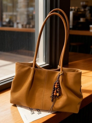 Bolso Tote de Gamuza Retro para Mujer Bolso de Hombro de Gran Capacidad Con Colgante de Cuentas de Madera Color Sólido