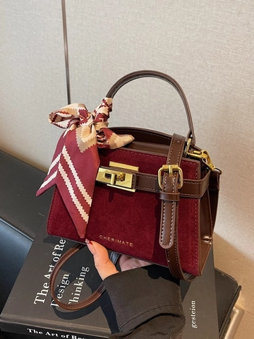 Women French Retro PU Leather Kelly Handbag Elegant Suede Texture Crossbody Bag Fashion Square Shoulder Bag With Silk Scarf Decor