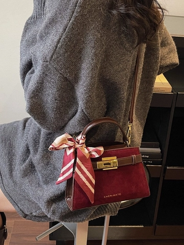 Women French Retro PU Leather Kelly Handbag Elegant Suede Texture Crossbody Bag Fashion Square Shoulder Bag With Silk Scarf Decor