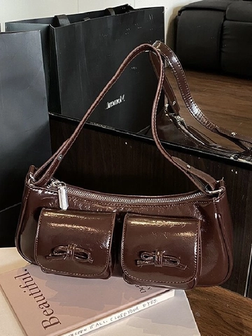 Bolso de Hombro de Cuero PU Brillante Vintage para Mujer Moda Lazo Doble Bolsillos Bolso Baguette Color Sólido Bolso