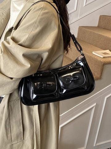 Bolso de Hombro de Cuero PU Brillante Vintage para Mujer Moda Lazo Doble Bolsillos Bolso Baguette Color Sólido Bolso