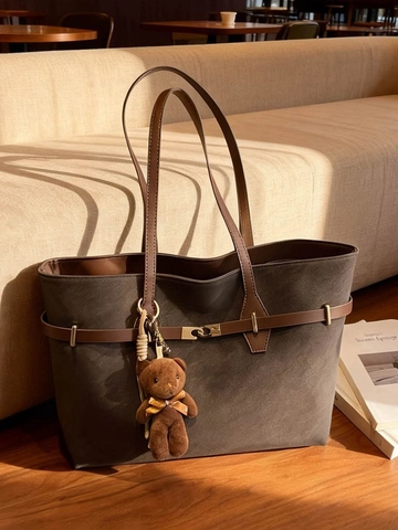 Borsa Tote da Donna di Grande Capacità in Pelle PU Borsa a Tracolla Casual Minimalista Rétro Tinta Unita Handbag per Pendolari Con Ciondolo a Orso