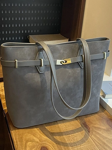 Women Large Capacity Tote Bag Suede Texture PU Leather Shoulder Bag Vintage Commuter Office Handbag With Metal Buckle Decoration