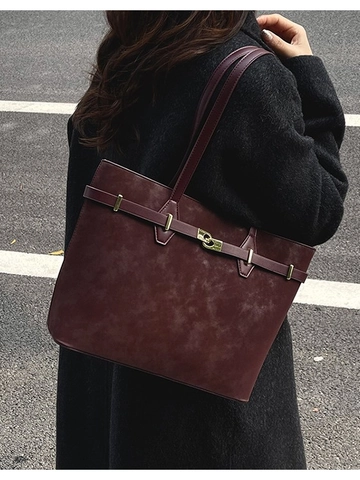 Women Large Capacity Tote Bag Suede Texture PU Leather Shoulder Bag Vintage Commuter Office Handbag With Metal Buckle Decoration