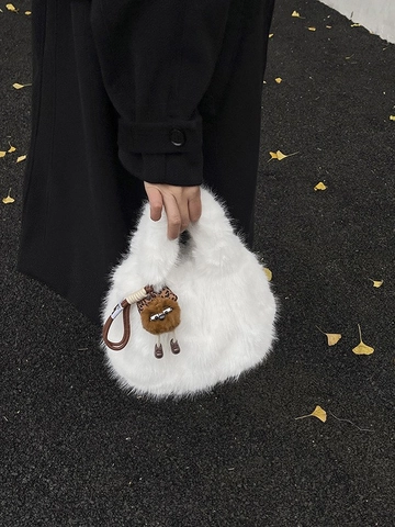 Bolso de Cubo de Peluche de Piel Sintética para Mujer Bolso de Hombro Suave Con Lindo Colgante de Muñeca Bolso de Mano para Conmutar Otoño Invierno Bolso de Color Sólido