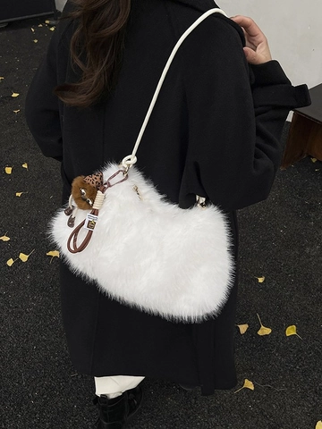 Women Artificial Fur Shoulder Bag Large Capacity Autumn Winter Plush Underarm Bag Cute Cartoon Pendant Soft Crossbody Handbag