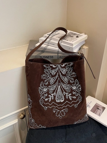 Vintage Suede Embroidery Tote Bag Large Capacity Ethnic Bohemian Shoulder Crossbody Bag For Women Retro Commuter Handbag
