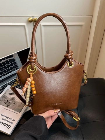 Retro Weiche PU Leder Beuteltasche Damen Mode High End Pendler Schulter Umhängetasche Mit Holzperlen Anhänger