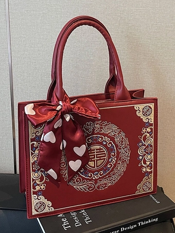 New Chinese Style Red Wedding Handbag PU Leather Dragon Phoenix Embroidered Tote Bag With Silk Scarf For Women Shoulder Bag