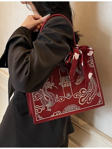 New Chinese Style Red Wedding Handbag PU Leather Dragon Phoenix Embroidered Tote Bag With Silk Scarf For Women Shoulder Bag