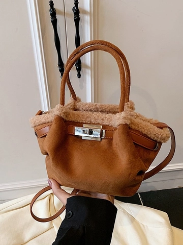 Bolso Bandolera de Gamuza Vintage con Borde de Felpa para Mujer Bolso de Mano de Lujo de Otoño Invierno Bolso de Hombro Casual Moda