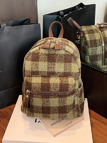 Sac à Dos Vintage en Laine à Carreaux pour Femmes Style Mori Girl Grande Capacité Nœud Mini Sac d'École Sac à Dos de Voyage