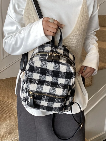 Sac à Dos Vintage en Laine à Carreaux pour Femmes Style Mori Girl Grande Capacité Nœud Mini Sac d'École Sac à Dos de Voyage