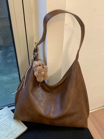 Borsa a Spalla in Pelle PU Retrò da Donna Grande Capacità Vintage Hobo Tote Bag con Ciondolo Orsetto Peluche Borsa Casual Quotidiana