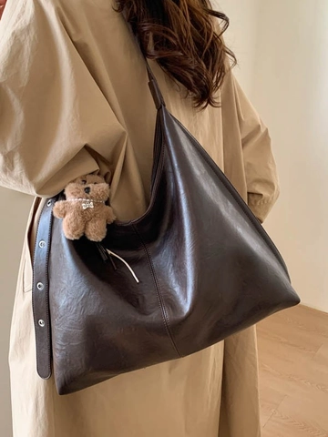 Borsa a Spalla in Pelle PU Retrò da Donna Grande Capacità Vintage Hobo Tote Bag con Ciondolo Orsetto Peluche Borsa Casual Quotidiana