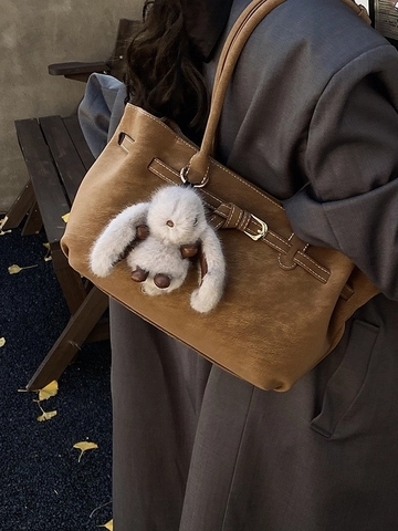 Borsa Tote da Donna Grande Capacità in PU Borsa Sottobraccio Retro Smerigliata Borsa a Tracolla Con Fibbia e Cuciture a Contrasto
