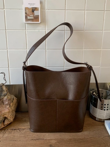 Minimalist Large Capacity PU Leather Bucket Bag For Women Vintage Litchi Pattern Shoulder Bag Versatile Daily Crossbody Bag