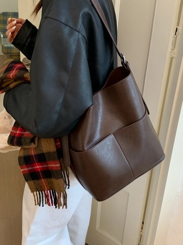 Minimalist Large Capacity PU Leather Bucket Bag For Women Vintage Litchi Pattern Shoulder Bag Versatile Daily Crossbody Bag