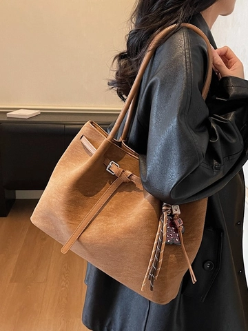 Bolso Tote de Cuero PU Vintage de Gran Capacidad para Mujer Bolso de Hombro de Moda Conmutador Bolso de Mano Suave Color Sólido Con Colgante de Oso