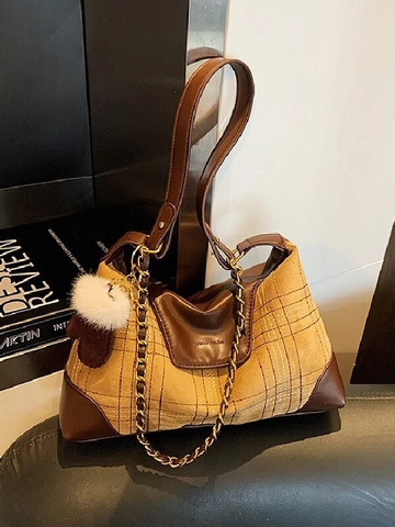 Women's Retro Plaid PU Leather Shoulder Bag Large Capacity Patchwork Crossbody Bag With Metal Chain And Plush Charm For Daily Office