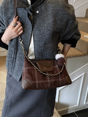 Women's Retro Plaid PU Leather Shoulder Bag Large Capacity Patchwork Crossbody Bag With Metal Chain And Plush Charm For Daily Office