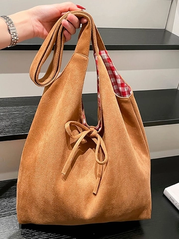 Borsa Tote in Pelle Scamosciata Sintetica Vintage Grande Capacità Borsa a Spalla Donna Con Fodera a Quadri Fiocco Borsa Pendolare