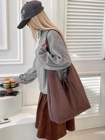 Borsa Tote in Pelle Scamosciata Sintetica Vintage Grande Capacità Borsa a Spalla Donna Con Fodera a Quadri Fiocco Borsa Pendolare