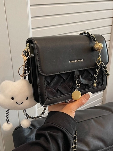 Women Fashion Woven PU Leather Small Square Bag With Adjustable Gold Chain Strap Cloud Pendant Niche Design Crossbody Shoulder Bag