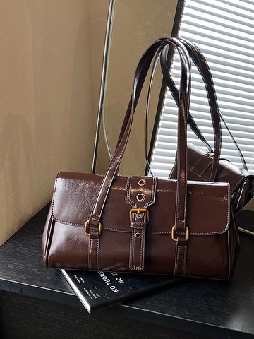 Retro Shiny PU Leather Underarm Bag For Women Fashion Buckle Shoulder Bag Vintage Commute Handbag Solid Color Elegant Tote