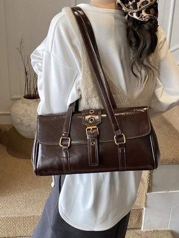 Retro Shiny PU Leather Underarm Bag For Women Fashion Buckle Shoulder Bag Vintage Commute Handbag Solid Color Elegant Tote