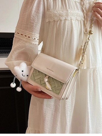 Women Fashion Woven PU Leather Small Square Bag With Adjustable Gold Chain Strap Cloud Pendant Niche Design Crossbody Shoulder Bag