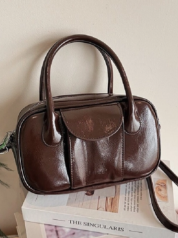 Vintage Glossy PU Leather Bowling Shoulder Bag For Women High Sense Top Handle Handbag Small Crossbody Purse Daily Bag