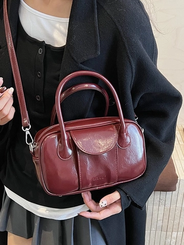 Vintage Glossy PU Leather Bowling Shoulder Bag For Women High Sense Top Handle Handbag Small Crossbody Purse Daily Bag