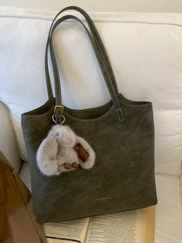 Women Vintage PU Leather Tote Bag Large Capacity Commuting Shoulder Bag With Contrast Stitching And Plush Rabbit Pendant