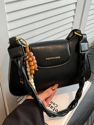 Damen Retro PU Leder Schultertasche Mit Geflochtenem Riemen Holzperlen Anhänger Mode Schriftzug Achsel Umhängetasche Für Pendeln