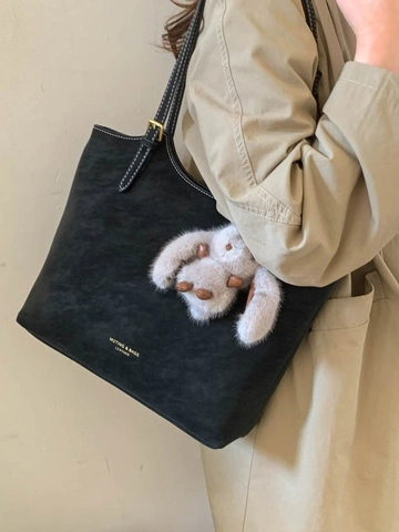 Women Vintage PU Leather Tote Bag Large Capacity Commuting Shoulder Bag With Contrast Stitching And Plush Rabbit Pendant